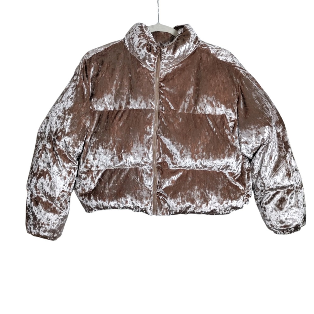 Fabletics Womens Taupe Crushed Velvet Puffer Jacket XXL